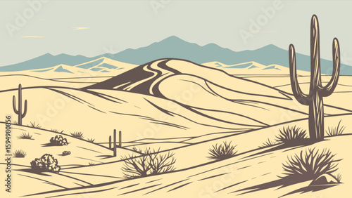 Vintage desert landscape illustration with cactus and sand dunes vector background design art 100