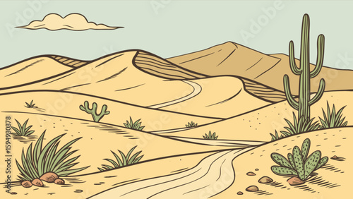 Desert landscape illustration with sand dunes, cactus and sky vector drawing for travel and nature lovers