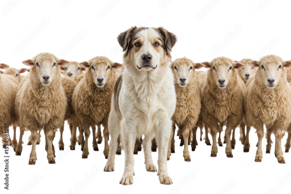 Obraz premium Dedicated sheepdog guarding a flock, symbolizing leadership and protection in a bright, contrasting scene.