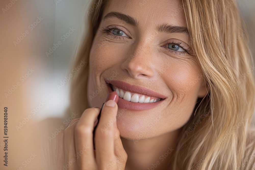Close-up portrait of an attractive blonde woman with a beautiful smile, wearing beige and looking in the mirror, applying lipstick to her lips at home. The background is blurred, with soft lighting, Close-up portrait of an attractive blonde woman with a beautiful smile, wearing beige and looking in the mirror, applying lipstick to her lips at home. The background is blurred, with soft lighting,