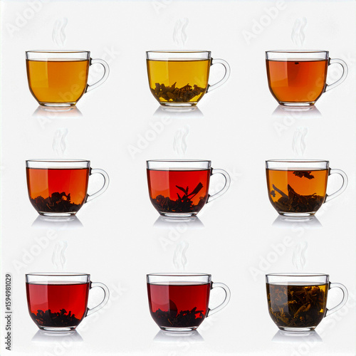 Collection of herbal teas and botanical infusions isolated on white background with steam effect and directional lighting for health-focused visuals
