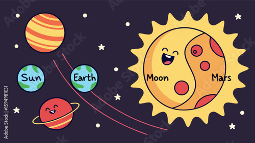 Cute cartoon planets sun moon earth mars jupiter saturn space stars astronomy illustration vector art