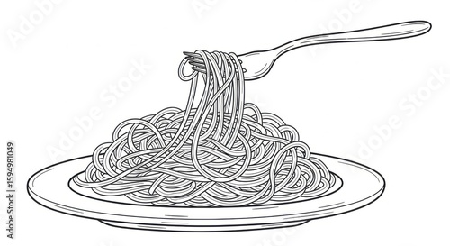 Line Drawing of Plate of Spaghetti with Fork