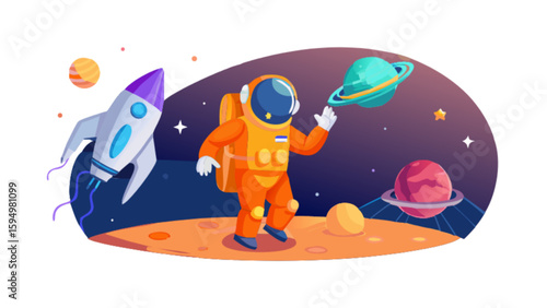 Astronaut exploring outer space with rocket and planets vector illustration for kids and space exploration