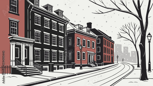 Winter cityscape scene of historic buildings in snow covered street with bare trees and streetlights