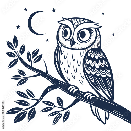 Minimalist owl with wide eyes in nocturnal colors, isolated for wisdom or night themes.