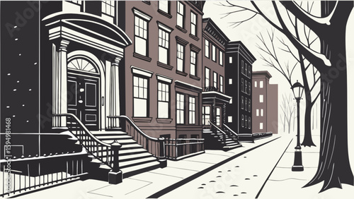 Winter street scene illustration of brownstones and snow covered trees in a city landscape drawing art