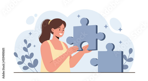 Woman Holding Blue Puzzle Piece, Connecting to Another Piece
