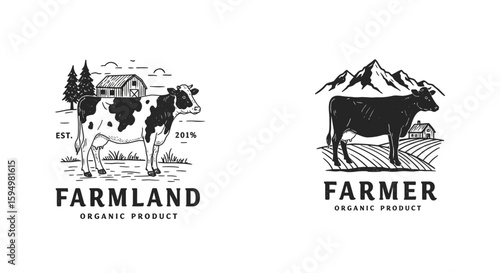 Vintage hand-drawn black and white farm and dairy logos featuring cows, barns, mountains, and fields.
