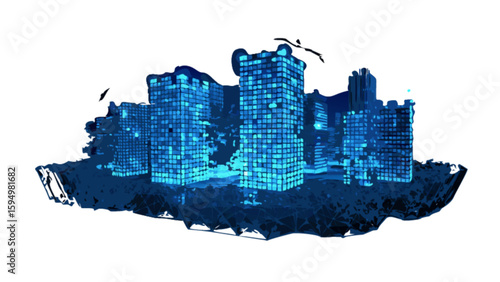 Abstract futuristic city skyline illustration vector design with blue buildings and birds flying above, night scene