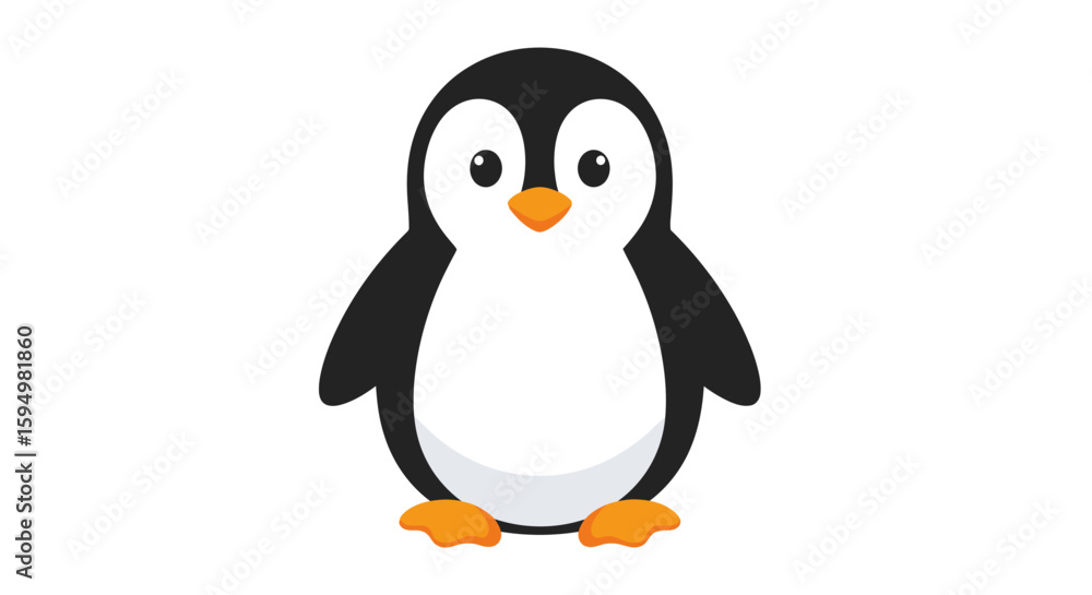 Fototapeta premium Cute cartoon penguin character with large eyes and an orange beak. A simple, flat design illustration of a standing bird.
