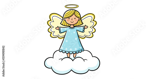 Cute cartoon angel with blonde hair, golden halo, light blue dress, standing on cloud with open arms.