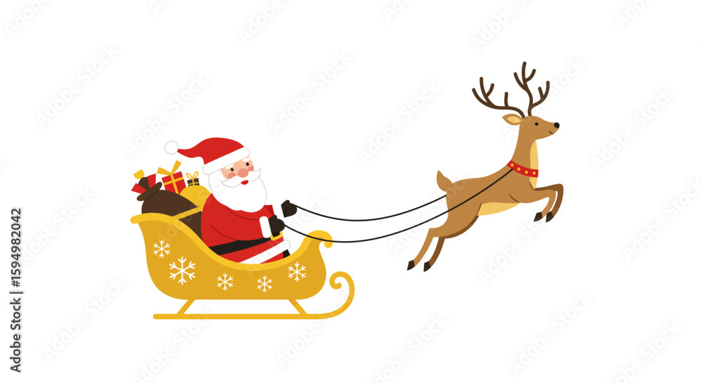 Fototapeta premium Santa Claus in Sleigh Pulled by Reindeer, Christmas Illustration
