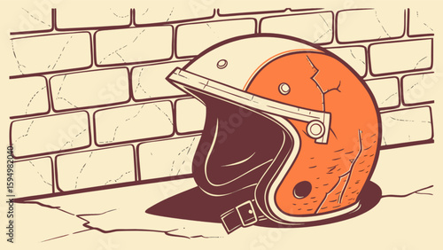 Vintage motorcycle helmet with cracks and brick wall background safety gear for riders and protection