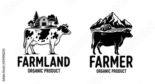 Black and White Farm Logo with Cow and Rural Scene
