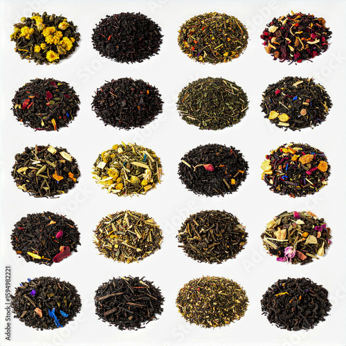 Collection of herbal teas and tisanes on isolated white background with textured surface and soft directional lighting