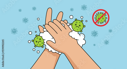 Cartoon hands washing with soap bubbles, defeating green virus characters, promoting hygiene.