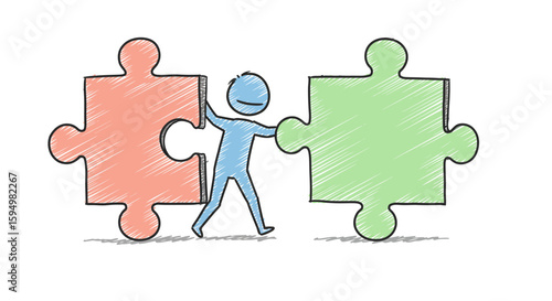 Cartoon Person Connecting Two Puzzle Pieces