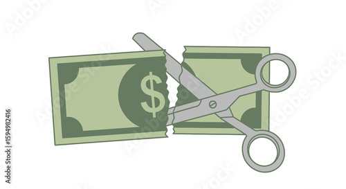 Flat illustration of grey scissors cutting a green dollar banknote with a jagged tear.