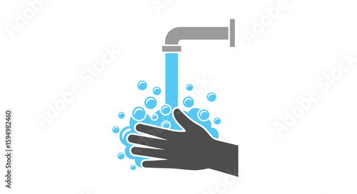 Minimalist icon of a hand washing under a grey faucet with blue water and soap bubbles.