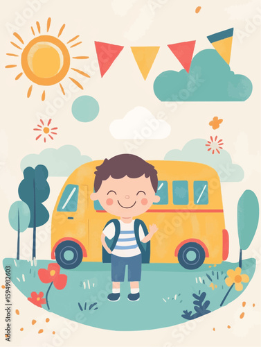 Minimal school-themed artwork featuring a child with school supplies near a yellow bus, flat composition with clear shapes and cozy mood, great for posters or nursery rooms
