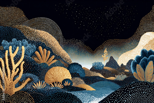 A vector illustration of a Micronesian lagoon with dotted glowing coral formations in Pointillism style
