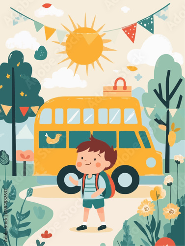 A cheerful back-to-school scene with a happy child carrying a backpack near a yellow bus, soft pastel tones and minimal layout, perfect for nursery prints and educational decor