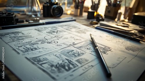 A creative workspace featuring storyboards and artistic tools.