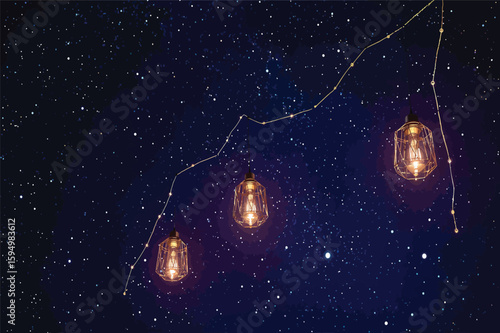 Vector art of glowing lanterns hang suspended in a starry night sky, tracing a celestial constellation pattern