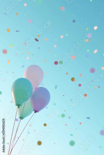 cold colored balloons. no confetti.Adorable. blue sky background. Events, birthdays.