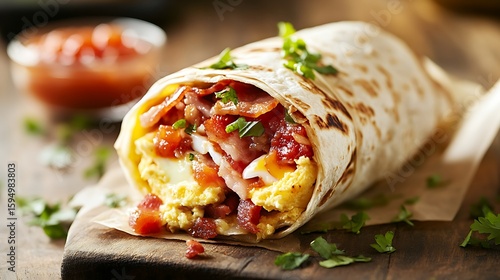 Freshly Wrapped Breakfast Burrito with Scrambled Eggs, Bacon, and Salsa