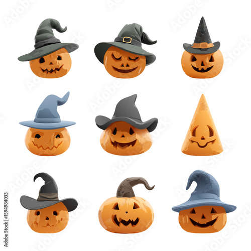 Icon set of jack-o’-lanterns wearing hats: witch hat, pirate tricorne, wizard cap, party cone