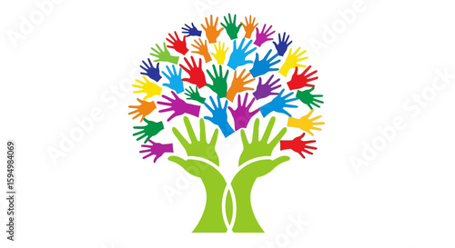 Vibrant tree of hands with a green trunk and a diverse canopy of colorful hand silhouettes.