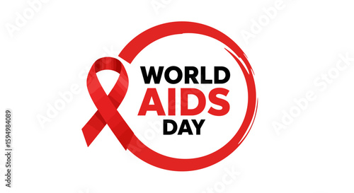 World AIDS Day graphic with a folded red awareness ribbon and bold text inside a red circular border.