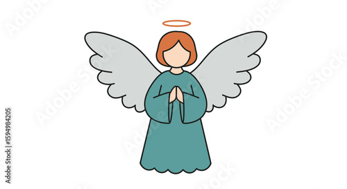Cartoon Angel with Gray Wings, Teal Dress, and Halo Illustration