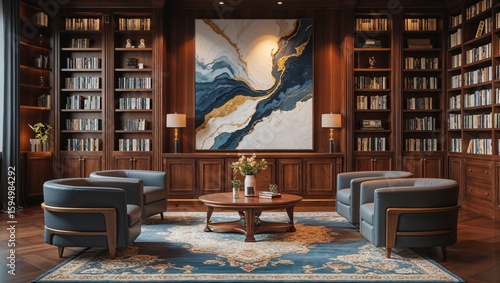A high fidelity podcast interview set design features a refined and exclusive library backdrop offe a sophisticated and inviting atmosphere.