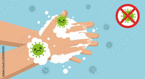Flat vector illustration of washing hands with soapy foam to eliminate sad green cartoon viruses.