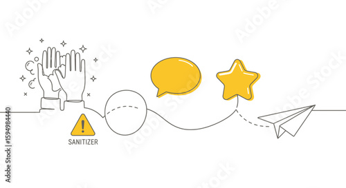Line art journey with sanitizer warning, speech bubble, star, and paper airplane icons.