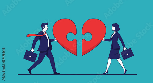 [title] Businessman and businesswoman walking together to connect two halves of a red heart puzzle.