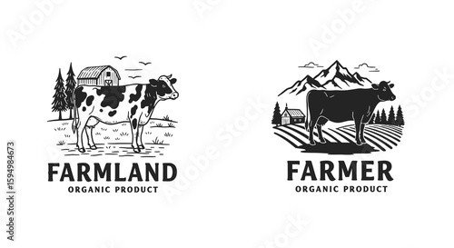 Black and White Holstein Cow Standing in a Field with Barn and Trees