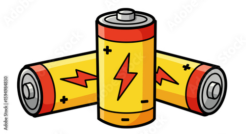 Cartoon Yellow Batteries with Red Lightning Bolt and Plus/Minus Symbols