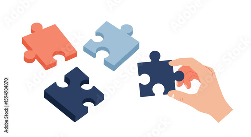 Colorful Puzzle Pieces and Hand: Completing the Puzzle Concept Illustration