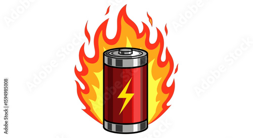 Flaming red battery with a lightning bolt symbol, a cartoon illustration of overheating power and energy.