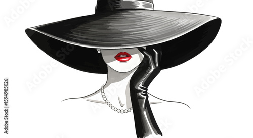 Elegant Woman in Wide-Brimmed Hat and Black Gloves