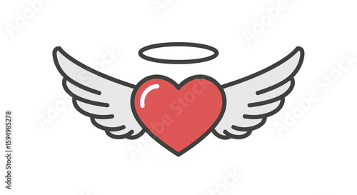 Red Heart with Angel Wings and Halo Symbol