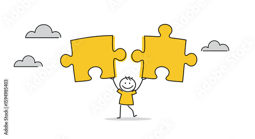 Stick figure person holding two yellow puzzle pieces together