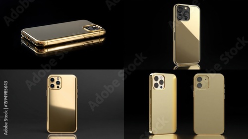 Gold-toned smartphone cases on a black background, four different angles