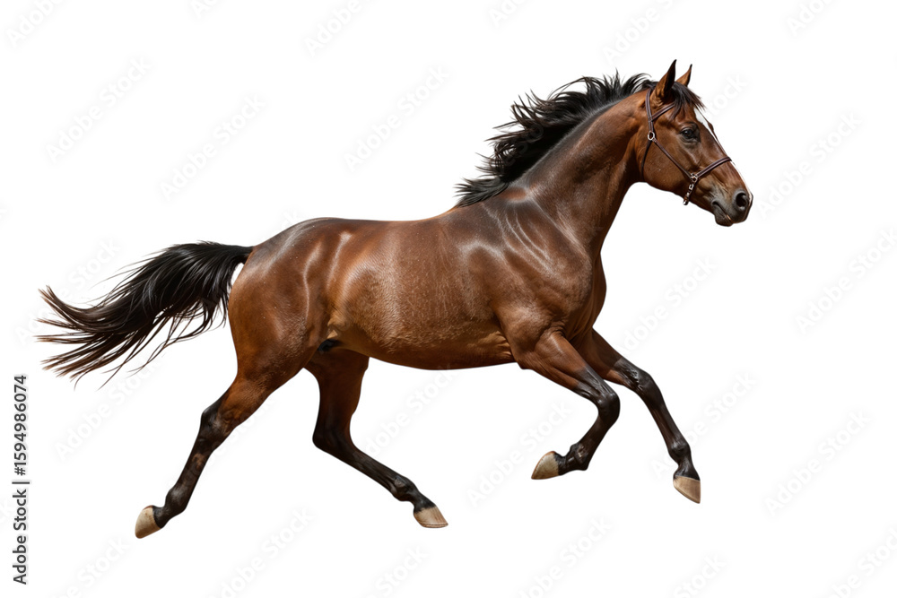Fototapeta premium Magnificent Chestnut Horse Galloping with Graceful Power Against a Pristine White Background, Showcasing Equine Agility and Freedom in Motion.