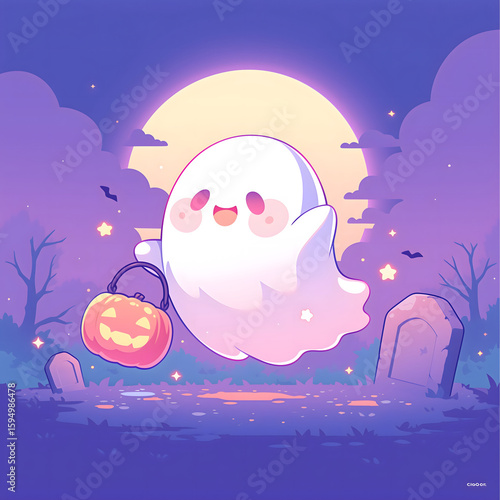 Whimsical Halloween Scene with Sweet Ghost and Full Moon