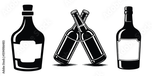 Black and White Rum or Brandy Bottle Illustration, Flat Vector Design On White Background

